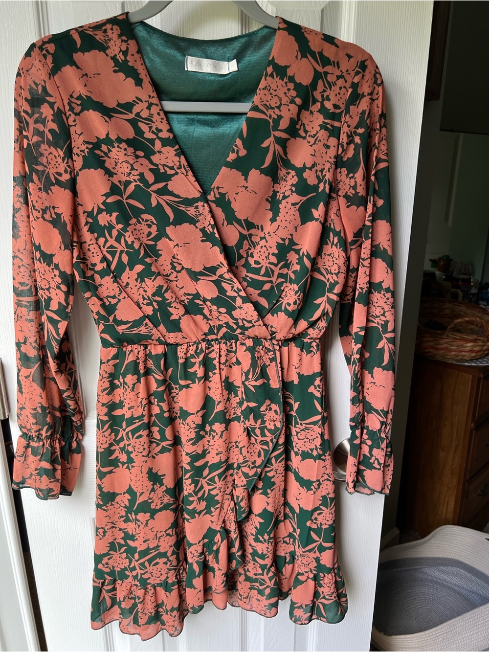 Women's Floral Wrap Long-Sleeve Dress — Dark Green with Coral Print